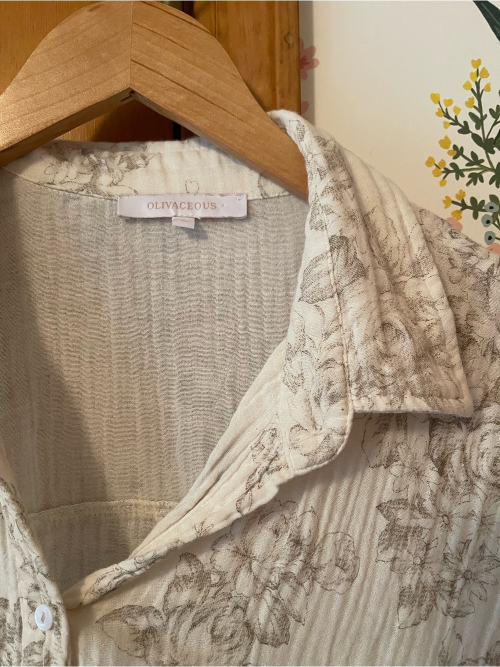 Olivaceous Brand Light Floral Button-Up Shirt in Cream and Taupe - Picture 2 of 3